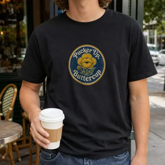 Black t-shirt with a round vintage badge design that reads Pucker Up, Buttercup