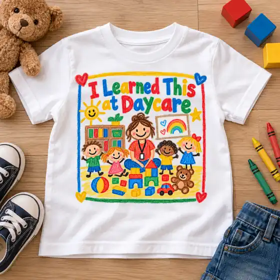 White toddler t-shirt with a crayon-style drawing of a daycare scene that reads I Learned This at Daycare