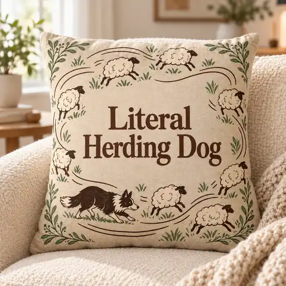 Linen throw pillow on an armchair with a border collie herding sheep around the words Literal Herding Dog