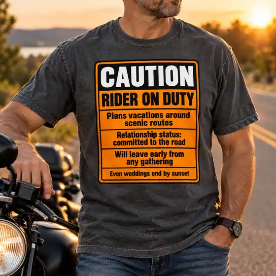 Man beside a motorcycle wearing a charcoal t-shirt printed with an orange caution sign that reads Rider on Duty