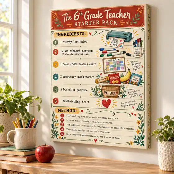 Canvas wrap on a wall showing a recipe-card style design titled The 6th Grade Teacher Starter Pack, with ingredients and method